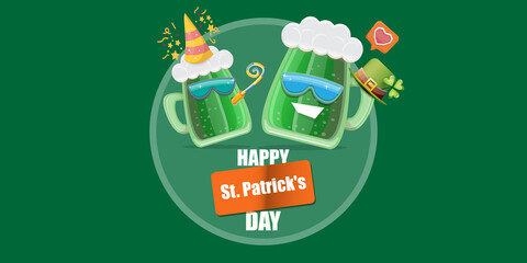 Happy st. Patricks day horizontal banner with cartoon funny beer glass friends characters with sunglasses isolated on green background. Patricks day cartoon comic poster with funky green beer
