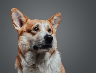 Close up horizontal portrait of hungry dog with pathetic expression on face looking up on grey background in studio.