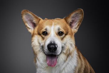 Studio portrait of smiling welsh redhead corgi dog on a dark background in studio, looking at camera.