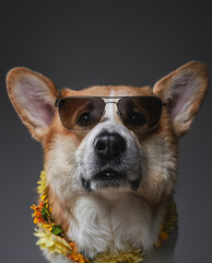 Cool and fashionable welsh dog corgi in sunglasses with flowers wreath in vacation posing on gray...