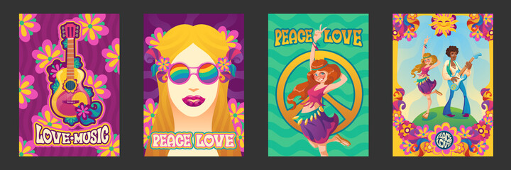 Hippie peace and love posters, woman gesturing, girl in rainbow glasses and flower wreath and man playing guitar on floral background. Happy smiling people in retro clothes on field Cartoon vector set