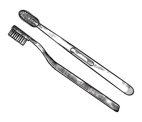 Hand drawing, line art, engraving, ink Dental Cleaning Tools Illustration. Toothbrush, top view, side view. Isolated in white background. For medical poster and brochure.