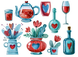 Watercolor blue green vase bottle cup  with red heart. Handdrawn watercolor painted clip art, Saint Valentine's Day decoration and symbol. Perfect for decoration of invitations, posters and packaging.