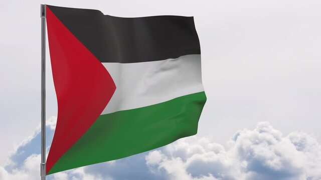 Palestine flag on pole with sky background seamless loop 3d animation