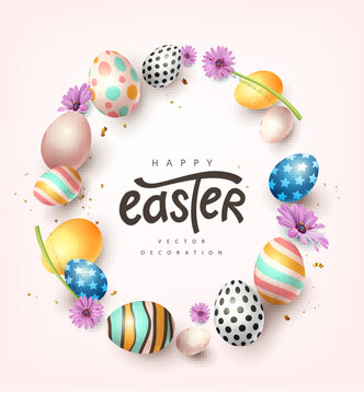 Happy easter banner background. Traditional colored easter eggs with different ornaments. 