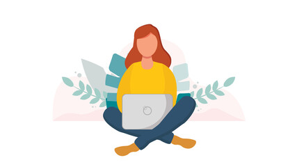 Girl with laptop on the floor. Freelance or studying concept. Illustration in flat style. Vector illustration of freelance work. Woman work online, teleworking. 