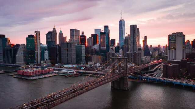 Drone hyperlapse footage from Brooklyn bridge  New York city at sunset