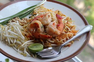 Blur Pad Thai with Shrimp, Thai style food.