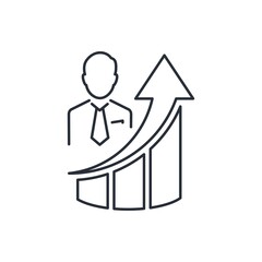 Businessman and graph to the top. Priority of craftsmanship. Personal growth. Vector linear icon isolated on white background.