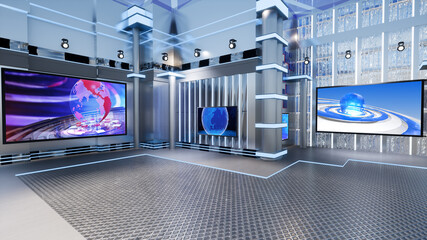 Fototapeta premium News Studio, Backdrop For TV Shows .TV On Wall.3D Virtual News Studio Background, 3d illustration