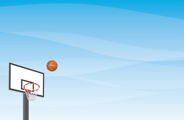 バスケットボールとゴールのイメージイラスト（青空）
