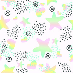 Vector seamless pattern with doodle lines, stars and harts. Pretty background for fabrics design.