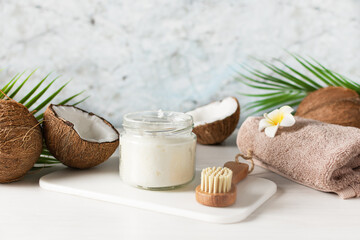 Natural coconut oil for body care in spa treatment.