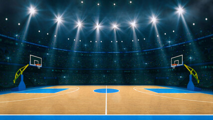 Basketball sport arena. Interior view to wooden floor of basketball court. Two basketball hoops side view. Digital 3D illustration of sport background. © LeArchitecto