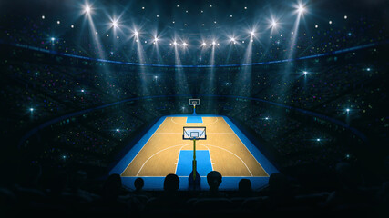 View from the grandstand of the basketball arena. Interior view to wooden floor of basketball court.  Digital 3D illustration of sport background. © LeArchitecto