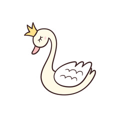 Little Princess Swan with crown. Isolated vector illustration in doodle style on white background