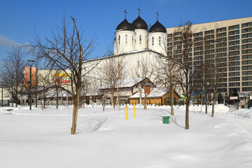 Winter landscape. Saint Sergius of Radonezh cathedral in Khodynka Field Park. Moscow
