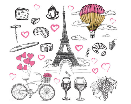 French icons, set of hand drawn style, Paris sketch illustration, vector.