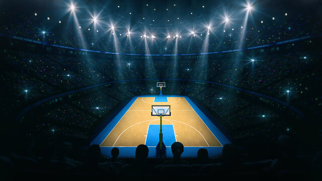 View from the grandstand of the basketball arena. Interior view to wooden floor of basketball court.  Digital 3D illustration of sport background.