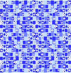 Bright vector background. Cotton flowers in a geometric ornament. Seamless texture