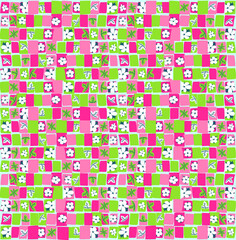 Bright vector background. Cotton flowers in a geometric ornament. Seamless texture