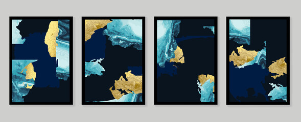 Luxury gold wallpaper.  Black and golden background. Mountain wall art design with dark blue and green color, shiny golden light texture. Modern art mural wallpaper. Vector illustration. © TWINS DESIGN STUDIO