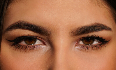  Beautiful female Brown eyes with long eyelashes, elegant makeup and tanned skin , closeup