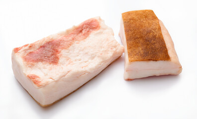 raw lard two pieces on white background, pork fat