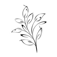stylized twig with leaves and vignettes in black lines on a white background