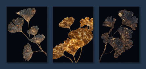 Luxury gold Ginkgo Biloba Leaf background.  Black and golden wall art design with dark blue and green color, shiny golden line arts light texture. Modern art mural wallpaper. 