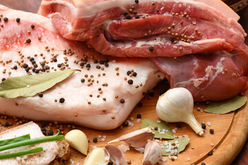 raw pork meat and lard with salt, spices and garlic on a cutting board, dark wooden background