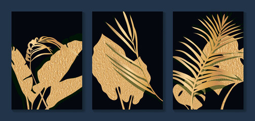 Luxury gold wallpaper.  Black and golden background. Tropical leaves wall art design with dark blue and green color, shiny golden light texture. Modern art mural wallpaper. Vector illustration.