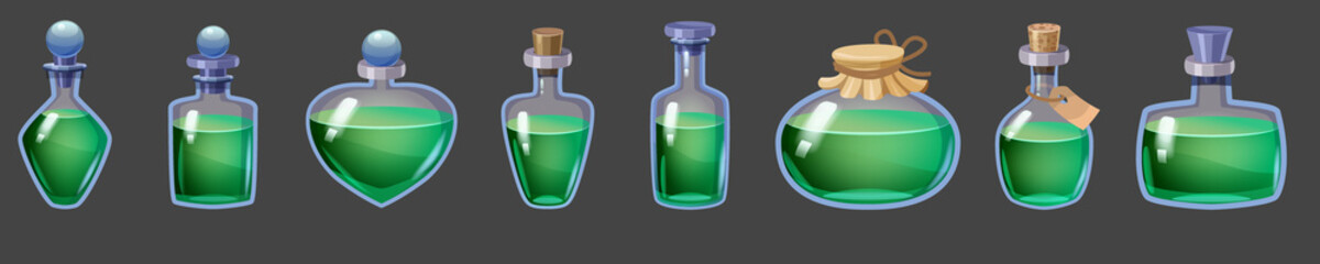 Set of Bottles magic liquid potion fantasy elixir. Game icon GUI for app games user interface. Vector illstration