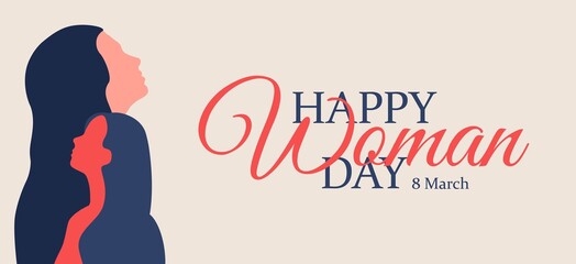 Happy Woman Day in 8 March Banner Concept Design Horizontal Card with Silhouette of Two women from side. women's friendship, vector empowerment movement.