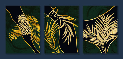 Luxury gold wallpaper.  Black and golden background. Tropical leaves wall art design with dark blue and green color, shiny golden light texture. Modern art mural wallpaper. Vector illustration.