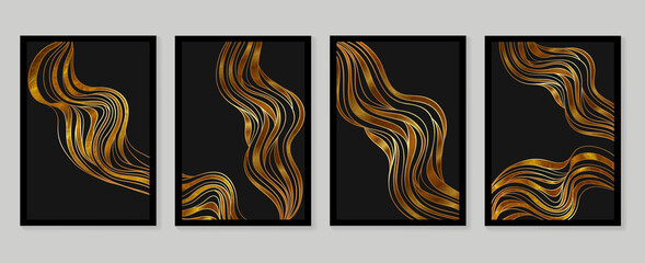 Luxury gold wallpaper.  Black and golden background. Grunge wall art design with golden line art and abstract shape. Modern art mural wallpaper. Vector illustration.