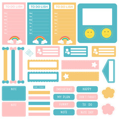 Cute paper notes in sweet color set. Printable planner stickers. Template for your message. Decorative planning element. Vector illustration.