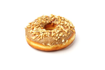 Chocolate donut sprinkled with nuts isolated on white
