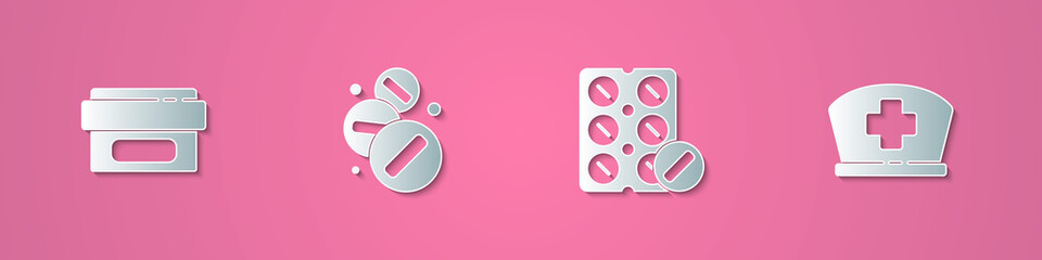 Set paper cut Ointment cream tube medicine, Medicine pill or tablet, Pills blister pack and Nurse hat with cross icon. Paper art style. Vector.