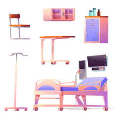 Clinic ward or chamber interior stuff isolated hospital items bed, life support system, computer, chair and locker for medicine, wheeled table and holder for medical dropper, cartoon vector icons set