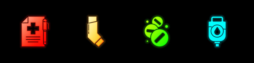 Obraz premium Set Medical prescription and pen, Inhaler, Medicine pill or tablet and IV bag icon. Vector.