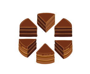 Pieces of chocolate cake. Infographic diagram set. Slice split up. Pie to separate. Isometric view vector hand drawn illustration.