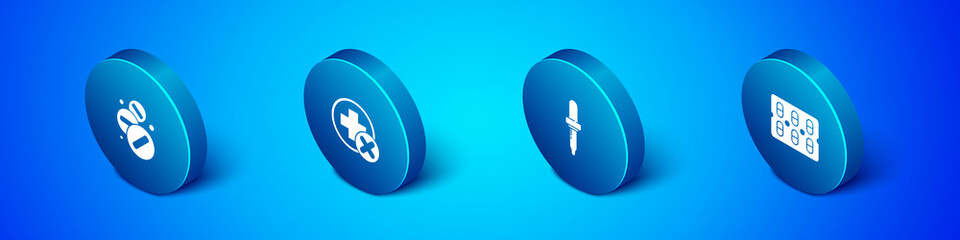 Set Isometric Medicine pill or tablet, Pipette, Pills blister pack and Cross hospital medical icon. Vector.