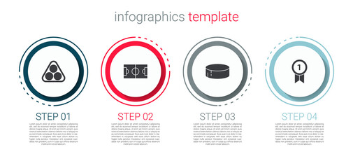 Set Billiard balls in a rack triangle, Football or soccer field, Hockey puck and Medal. Business infographic template. Vector.
