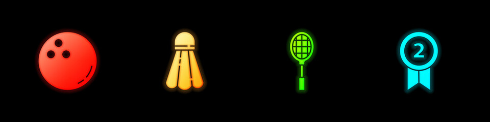 Set Bowling ball, Badminton shuttlecock, Tennis racket and Medal icon. Vector.