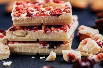 Close up handmade white chocolate with dried fruits and nuts