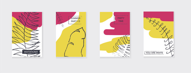 Collection of tropical universal trendy cards. Tropical leaves design. Hand drawing textures. Modern graphic design for banner, poster, greeting card, cover, invitation, brochure, flyer. Vector isolat