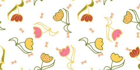 Toss of tulips and little butterflies seamless vector pattern. Surface print design for fabrics, feminine stationery, girly scrapbook paper, mothers day gift wrap, springtime textiles, and packaging.