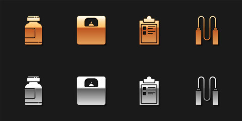 Set Sports nutrition, Bathroom scales, training program and Jump rope icon. Vector.