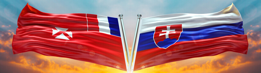 Wallis and Futuna Flag and Slovakia Flag waving with texture Blue sky could and sunset Double flag